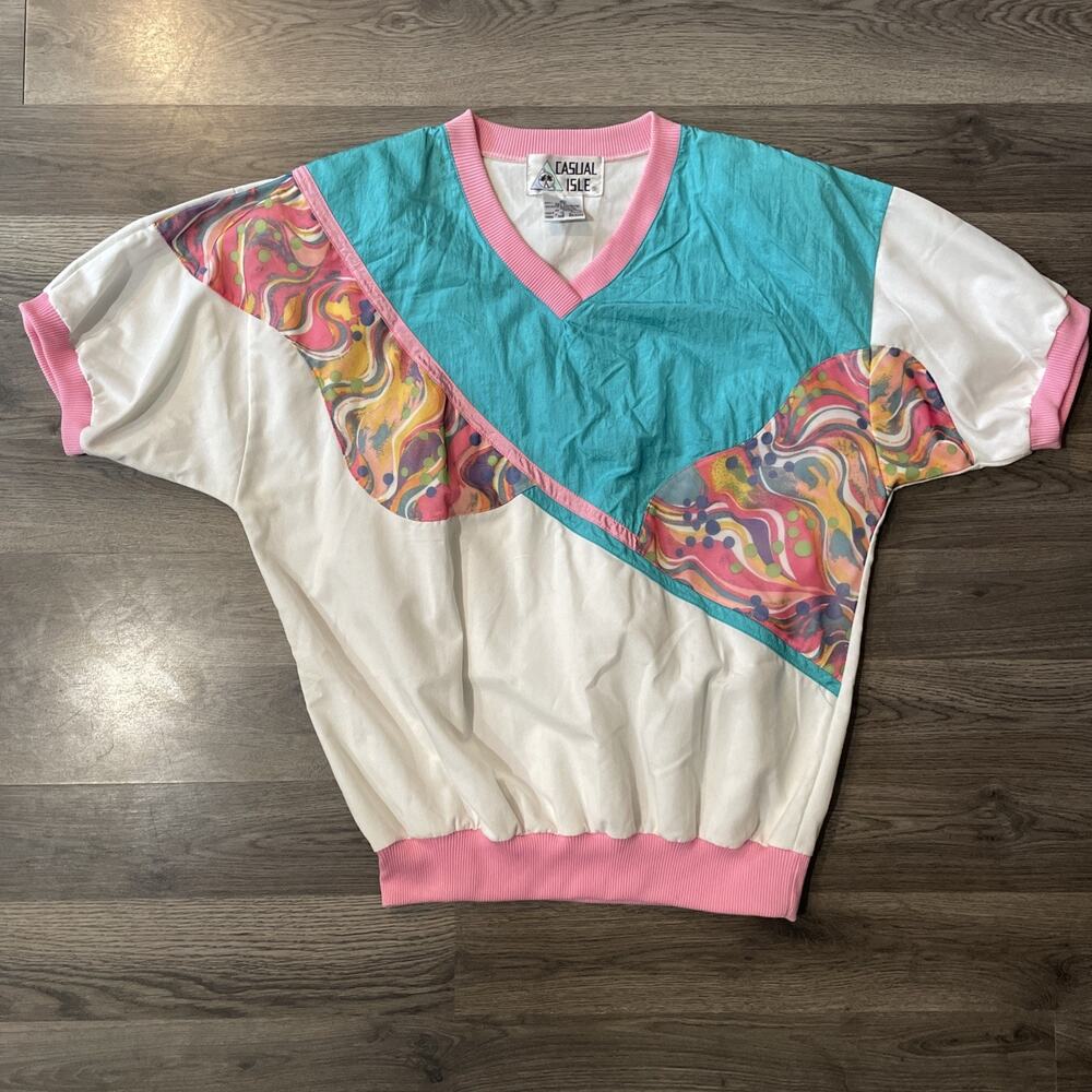 Vtg 80s 90s Casual Isle Colorblock Abstract Pullover Shirt XL Shoulder Pads